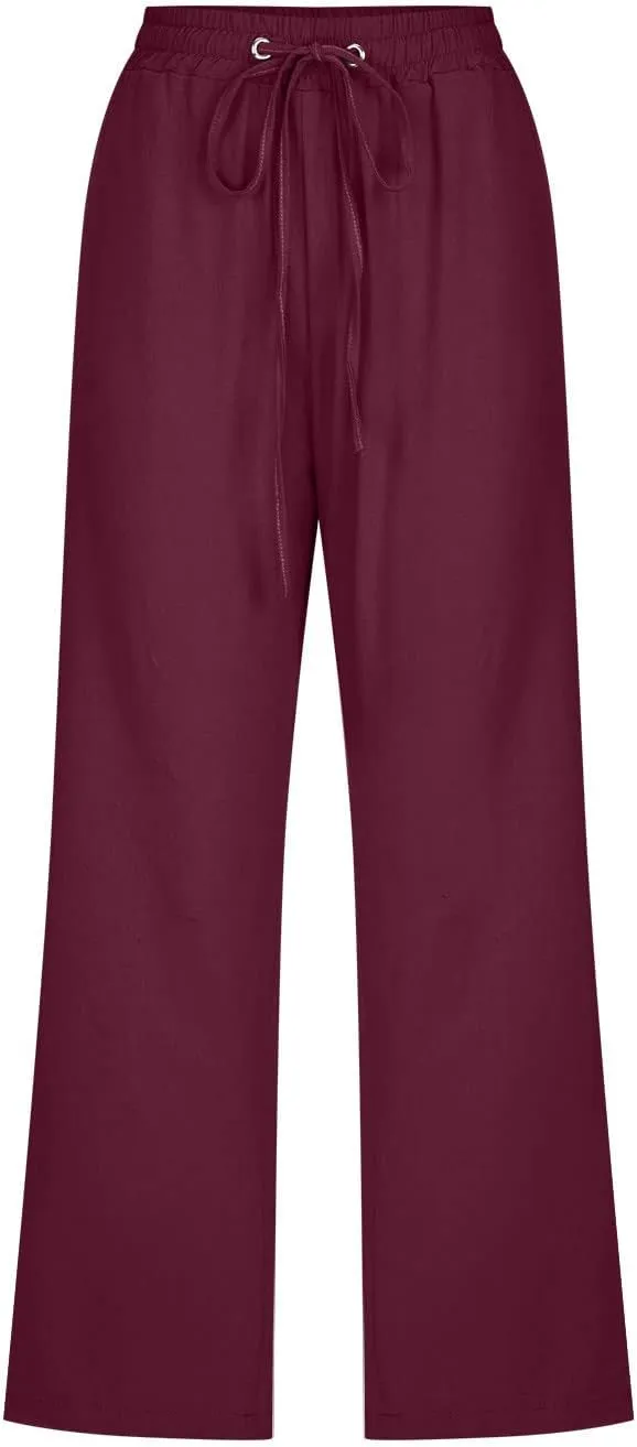 LFEOOST Capri Pants for Women Plus Size Casual Summer Linen Pants Drawstring High Waist Straight Wide Leg Trousers Pockets