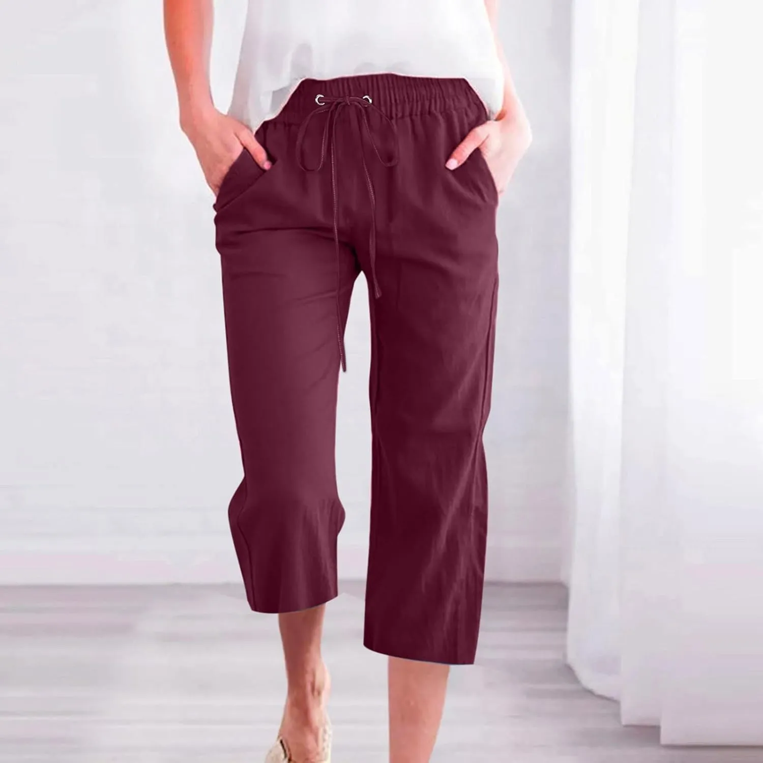 LFEOOST Capri Pants for Women Plus Size Casual Summer Linen Pants Drawstring High Waist Straight Wide Leg Trousers Pockets