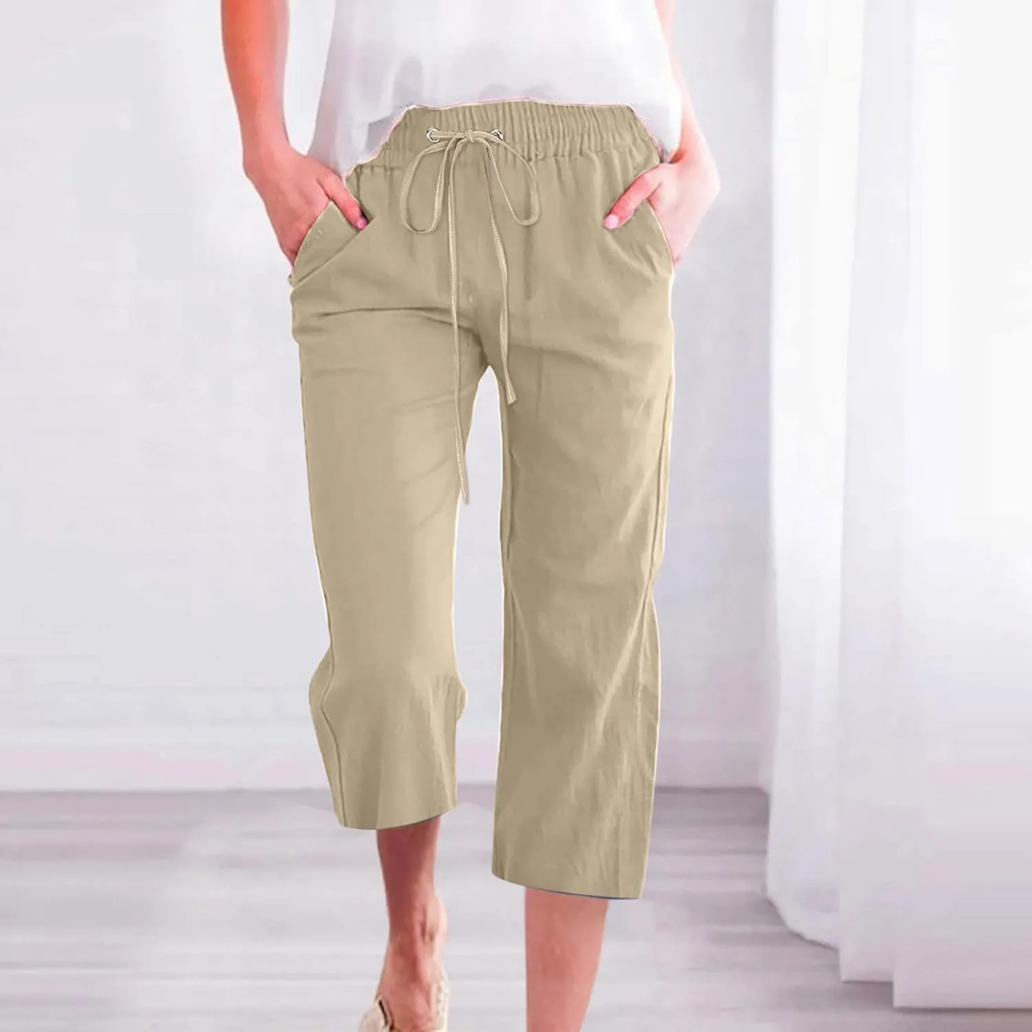 LFEOOST Capri Pants for Women Plus Size Casual Summer Linen Pants Drawstring High Waist Straight Wide Leg Trousers Pockets