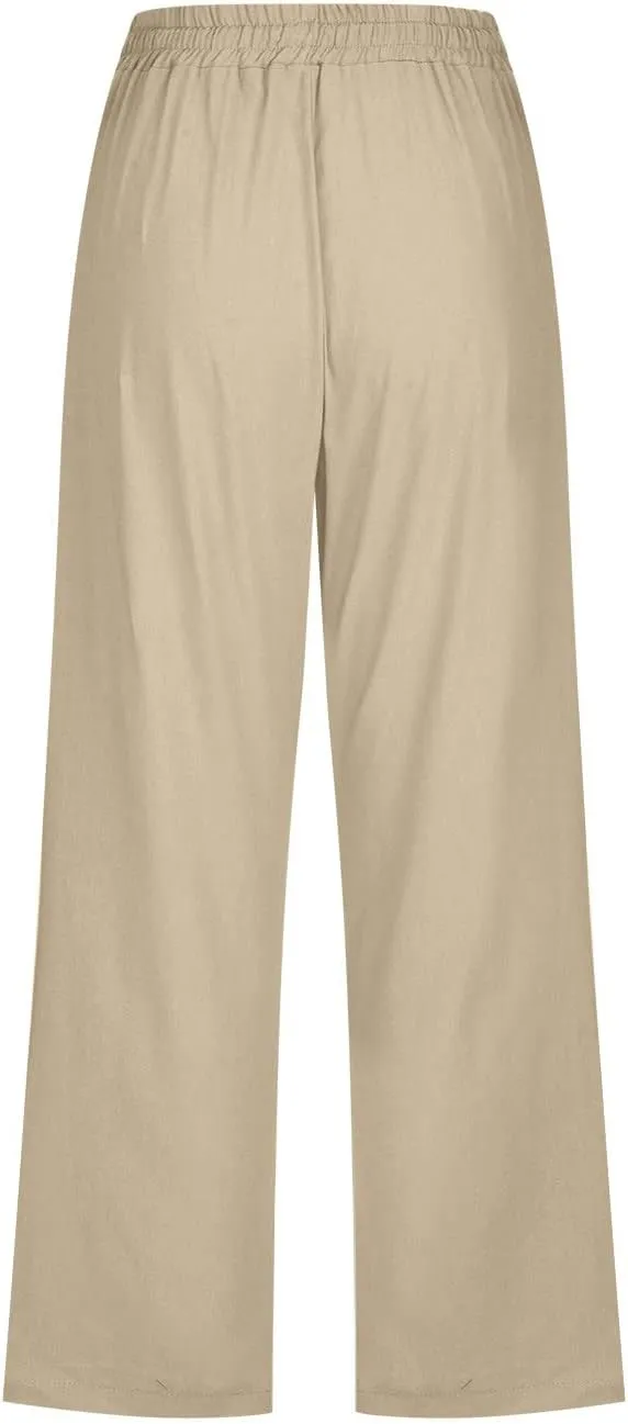 LFEOOST Capri Pants for Women Plus Size Casual Summer Linen Pants Drawstring High Waist Straight Wide Leg Trousers Pockets