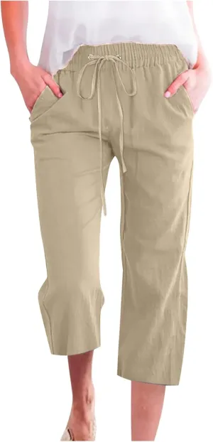 LFEOOST Capri Pants for Women Plus Size Casual Summer Linen Pants Drawstring High Waist Straight Wide Leg Trousers Pockets