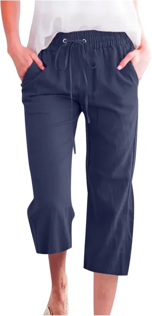 LFEOOST Capri Pants for Women Plus Size Casual Summer Linen Pants Drawstring High Waist Straight Wide Leg Trousers Pockets