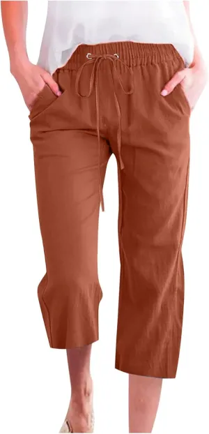 LFEOOST Capri Pants for Women Plus Size Casual Summer Linen Pants Drawstring High Waist Straight Wide Leg Trousers Pockets