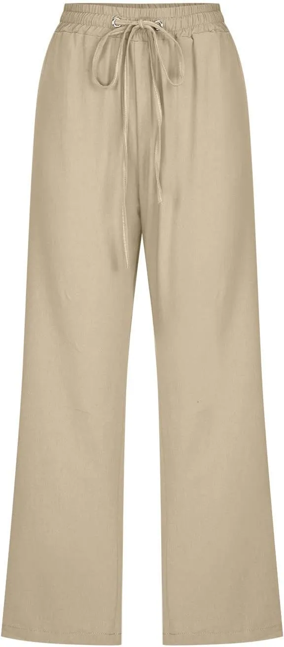 LFEOOST Capri Pants for Women Plus Size Casual Summer Linen Pants Drawstring High Waist Straight Wide Leg Trousers Pockets