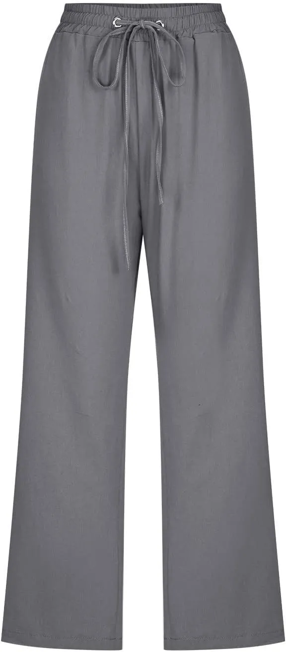 LFEOOST Capri Pants for Women Plus Size Casual Summer Linen Pants Drawstring High Waist Straight Wide Leg Trousers Pockets