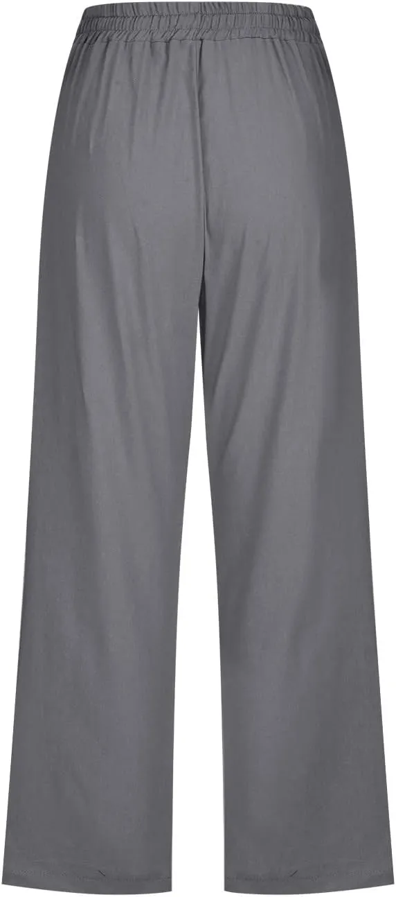 LFEOOST Capri Pants for Women Plus Size Casual Summer Linen Pants Drawstring High Waist Straight Wide Leg Trousers Pockets