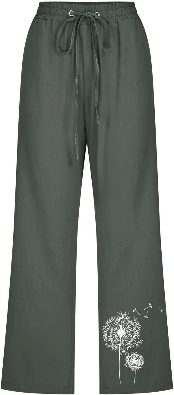 LFEOOST Summer Women Capri Pants High Waist Linen Lounge Pants Dandelion Graphic Drawstring Straight Wide Leg Trousers Pocket