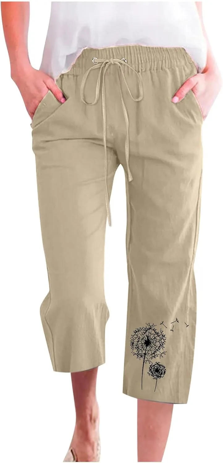 LFEOOST Summer Women Capri Pants High Waist Linen Lounge Pants Dandelion Graphic Drawstring Straight Wide Leg Trousers Pocket