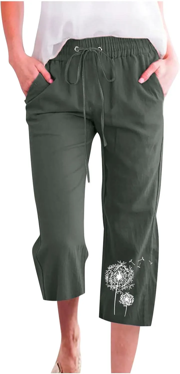 LFEOOST Summer Women Capri Pants High Waist Linen Lounge Pants Dandelion Graphic Drawstring Straight Wide Leg Trousers Pocket