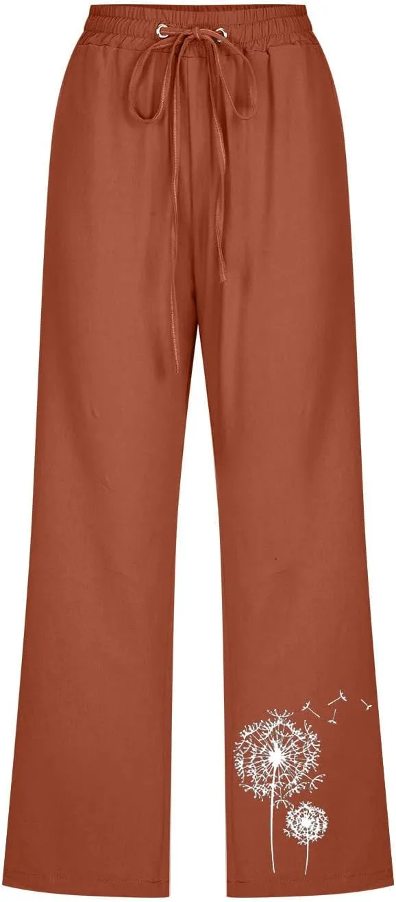 LFEOOST Summer Women Capri Pants High Waist Linen Lounge Pants Dandelion Graphic Drawstring Straight Wide Leg Trousers Pocket