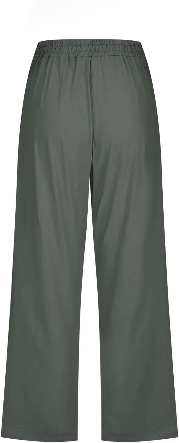 LFEOOST Summer Women Capri Pants High Waist Linen Lounge Pants Dandelion Graphic Drawstring Straight Wide Leg Trousers Pocket