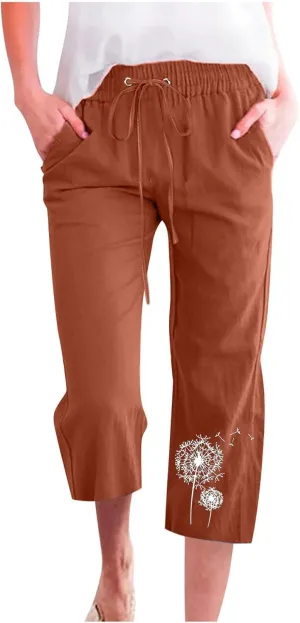 LFEOOST Summer Women Capri Pants High Waist Linen Lounge Pants Dandelion Graphic Drawstring Straight Wide Leg Trousers Pocket