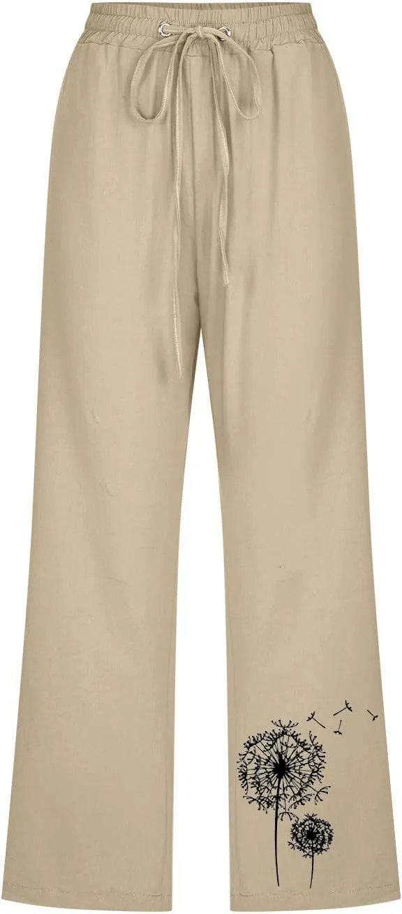 LFEOOST Summer Women Capri Pants High Waist Linen Lounge Pants Dandelion Graphic Drawstring Straight Wide Leg Trousers Pocket