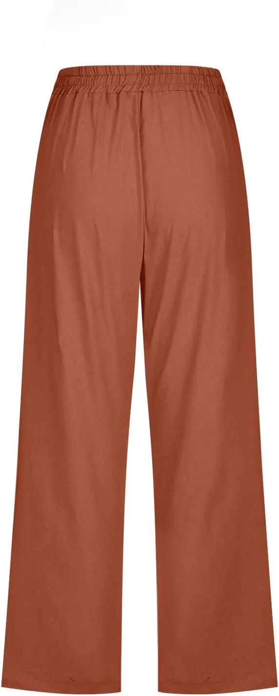 LFEOOST Summer Women Capri Pants High Waist Linen Lounge Pants Dandelion Graphic Drawstring Straight Wide Leg Trousers Pocket