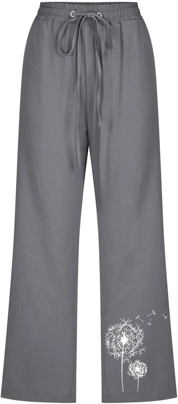 LFEOOST Summer Women Capri Pants High Waist Linen Lounge Pants Dandelion Graphic Drawstring Straight Wide Leg Trousers Pocket