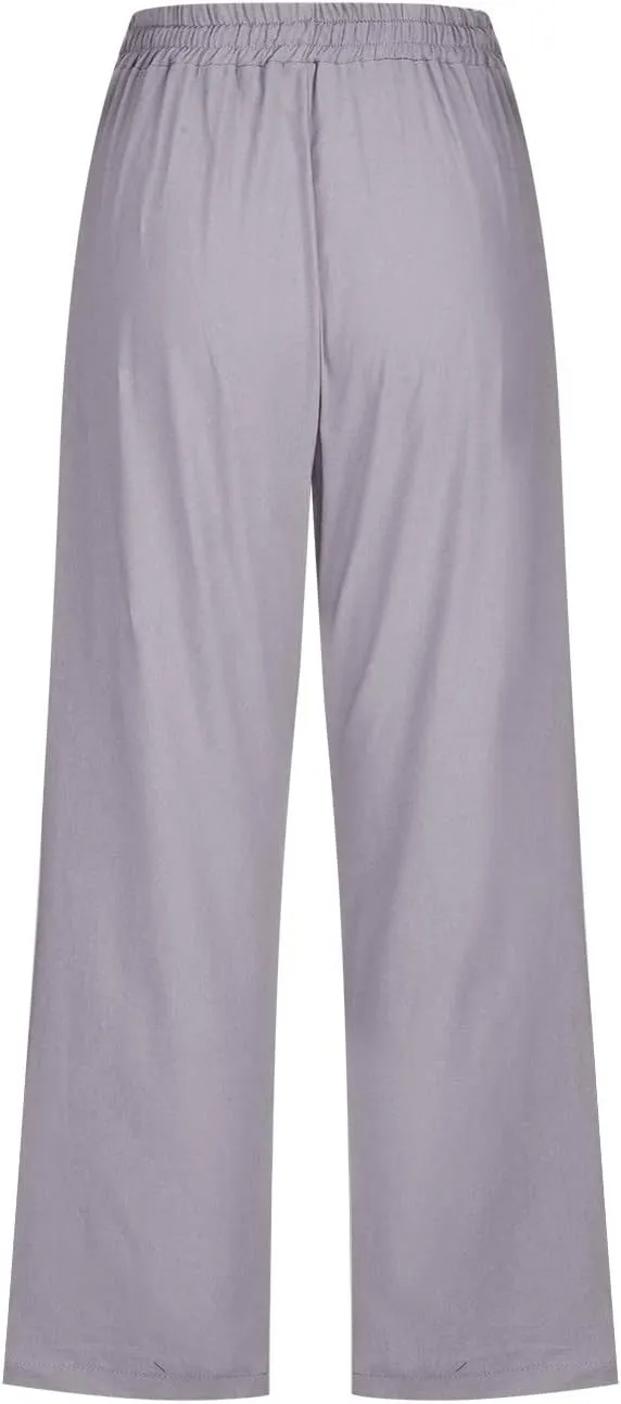 LFEOOST Summer Women Capri Pants High Waist Linen Lounge Pants Dandelion Graphic Drawstring Straight Wide Leg Trousers Pocket