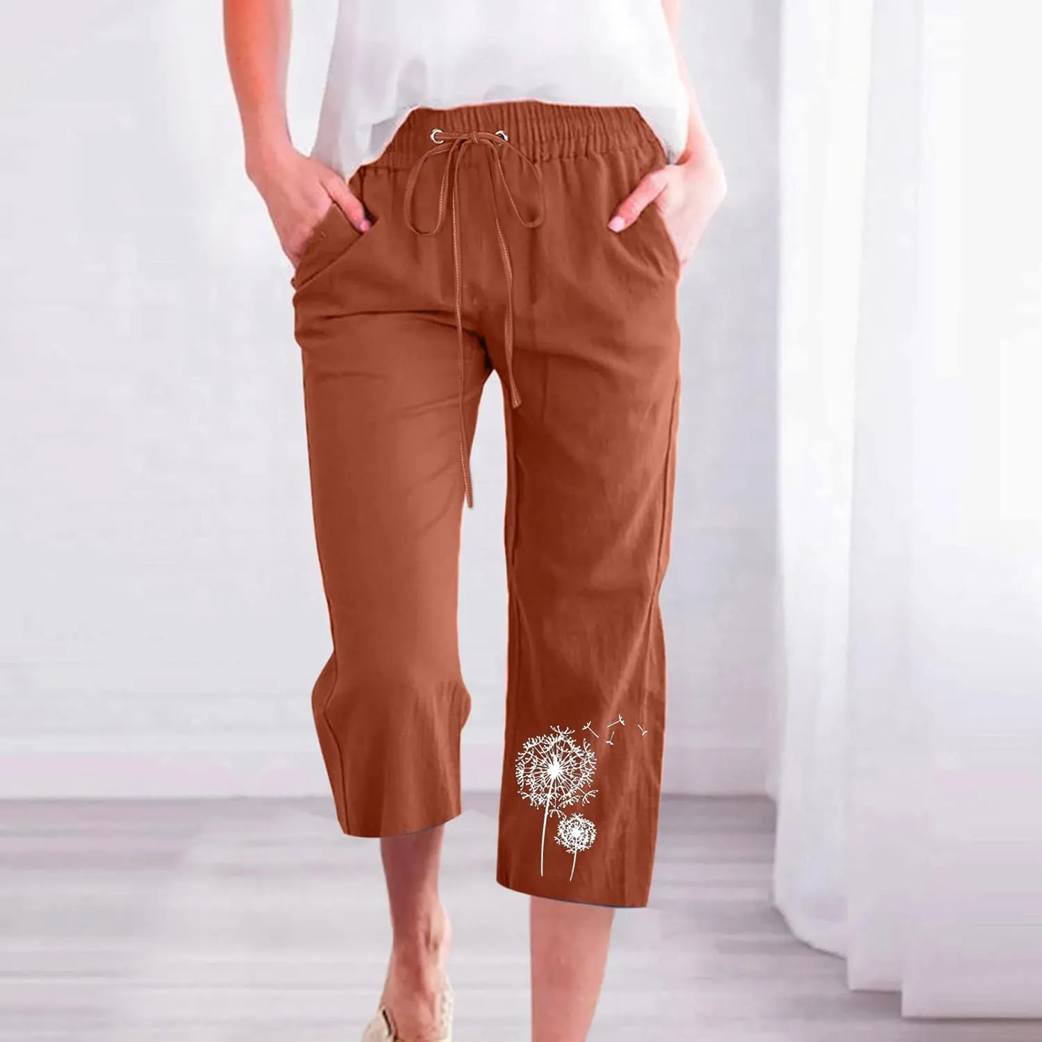 LFEOOST Summer Women Capri Pants High Waist Linen Lounge Pants Dandelion Graphic Drawstring Straight Wide Leg Trousers Pocket