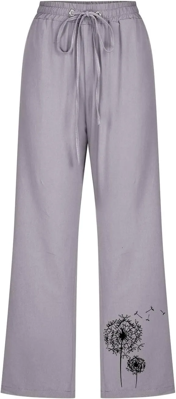 LFEOOST Summer Women Capri Pants High Waist Linen Lounge Pants Dandelion Graphic Drawstring Straight Wide Leg Trousers Pocket