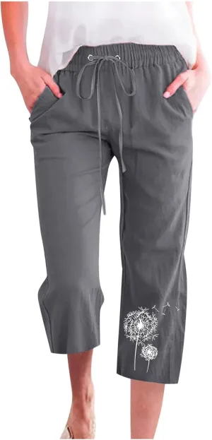 LFEOOST Summer Women Capri Pants High Waist Linen Lounge Pants Dandelion Graphic Drawstring Straight Wide Leg Trousers Pocket