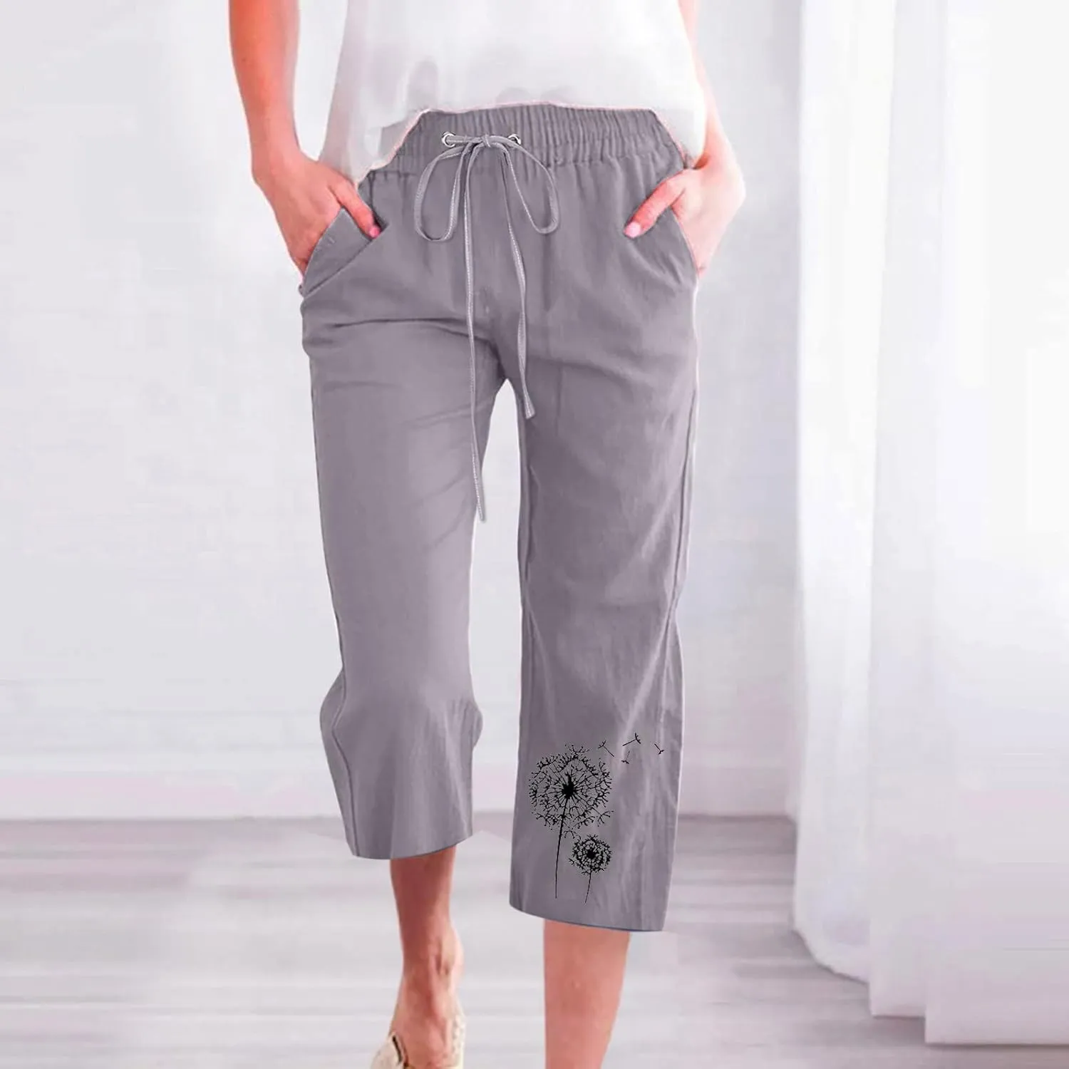 LFEOOST Summer Women Capri Pants High Waist Linen Lounge Pants Dandelion Graphic Drawstring Straight Wide Leg Trousers Pocket