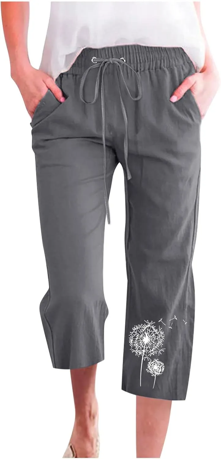 LFEOOST Summer Women Capri Pants High Waist Linen Lounge Pants Dandelion Graphic Drawstring Straight Wide Leg Trousers Pocket