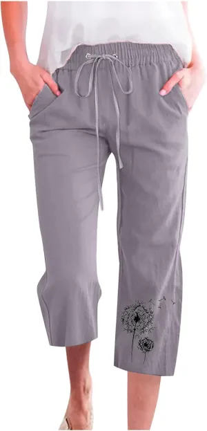 LFEOOST Summer Women Capri Pants High Waist Linen Lounge Pants Dandelion Graphic Drawstring Straight Wide Leg Trousers Pocket