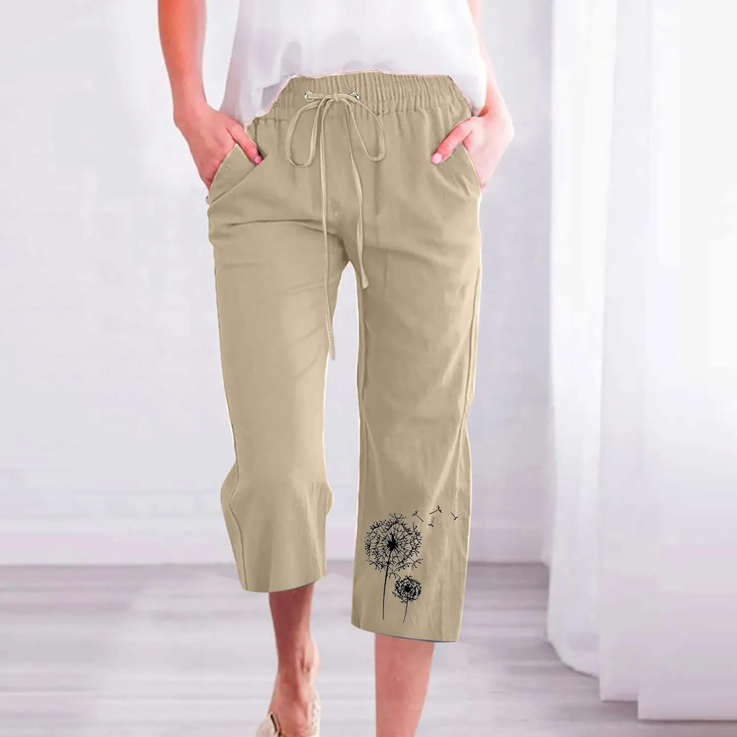 LFEOOST Summer Women Capri Pants High Waist Linen Lounge Pants Dandelion Graphic Drawstring Straight Wide Leg Trousers Pocket
