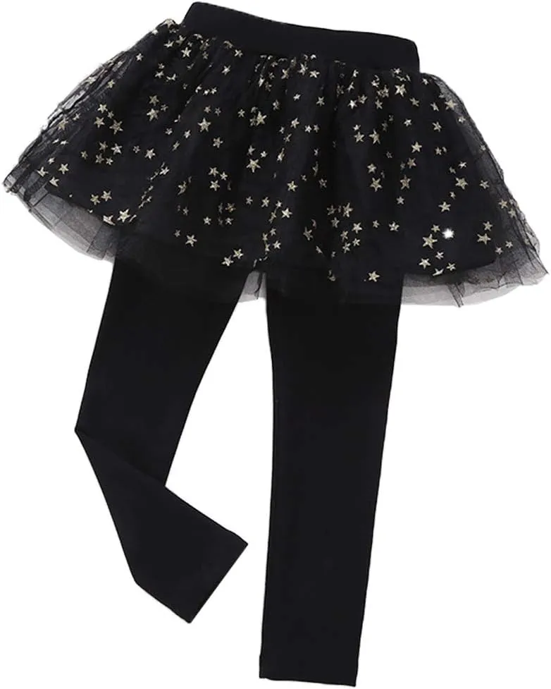 Little Girls Footless Leggings with Tutu Ruffle Twinkle Star Skirt Stretchy Cotton Pantskirt