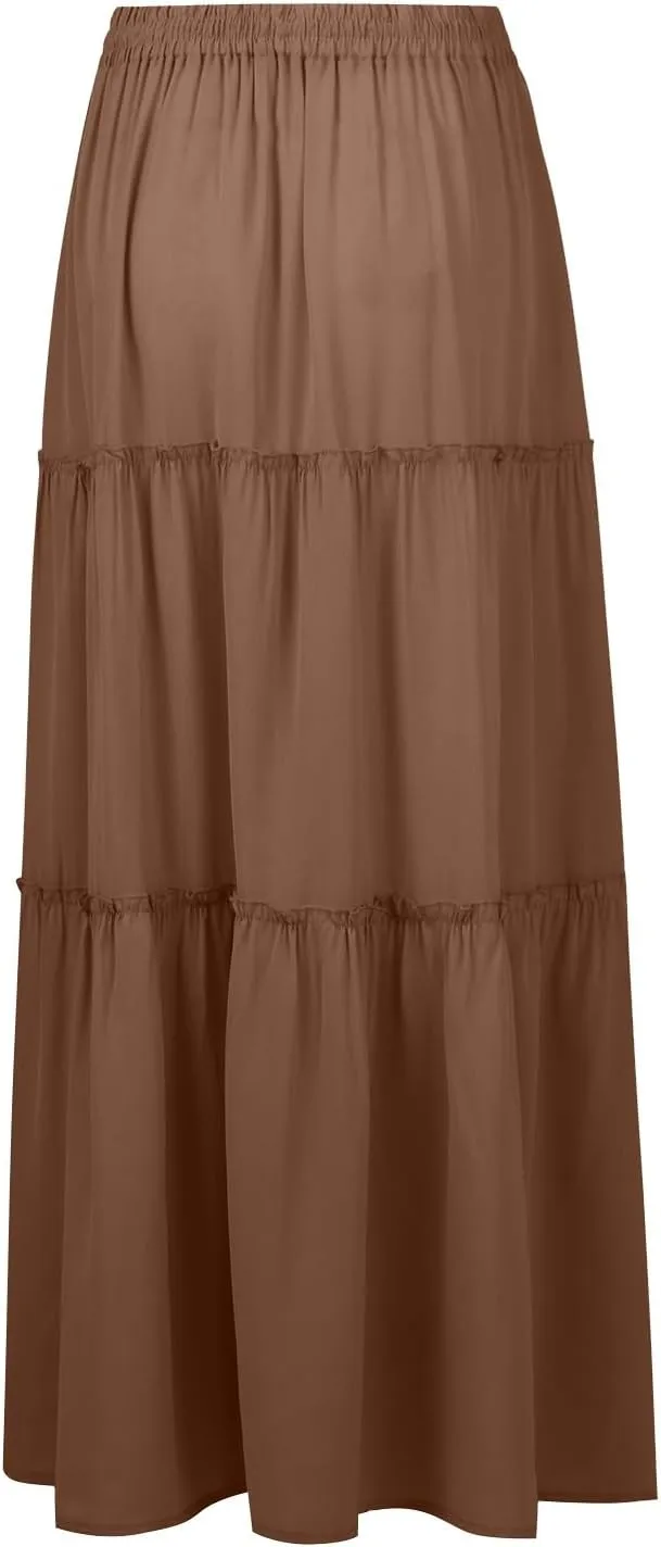 Long Skirts for Women A Line Ruffle Tiered Pleated Flowy Maxi Skirt with Pockets Casual High Waisted Modest Skirts