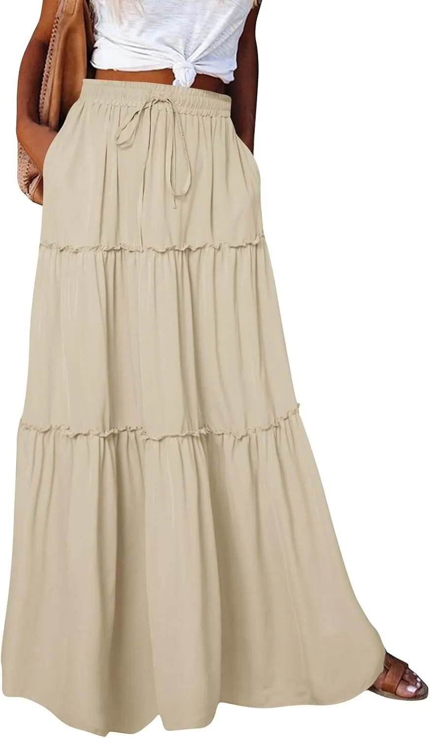 Long Skirts for Women A Line Ruffle Tiered Pleated Flowy Maxi Skirt with Pockets Casual High Waisted Modest Skirts