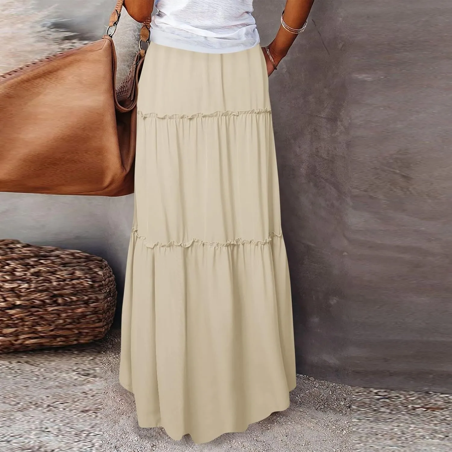 Long Skirts for Women A Line Ruffle Tiered Pleated Flowy Maxi Skirt with Pockets Casual High Waisted Modest Skirts