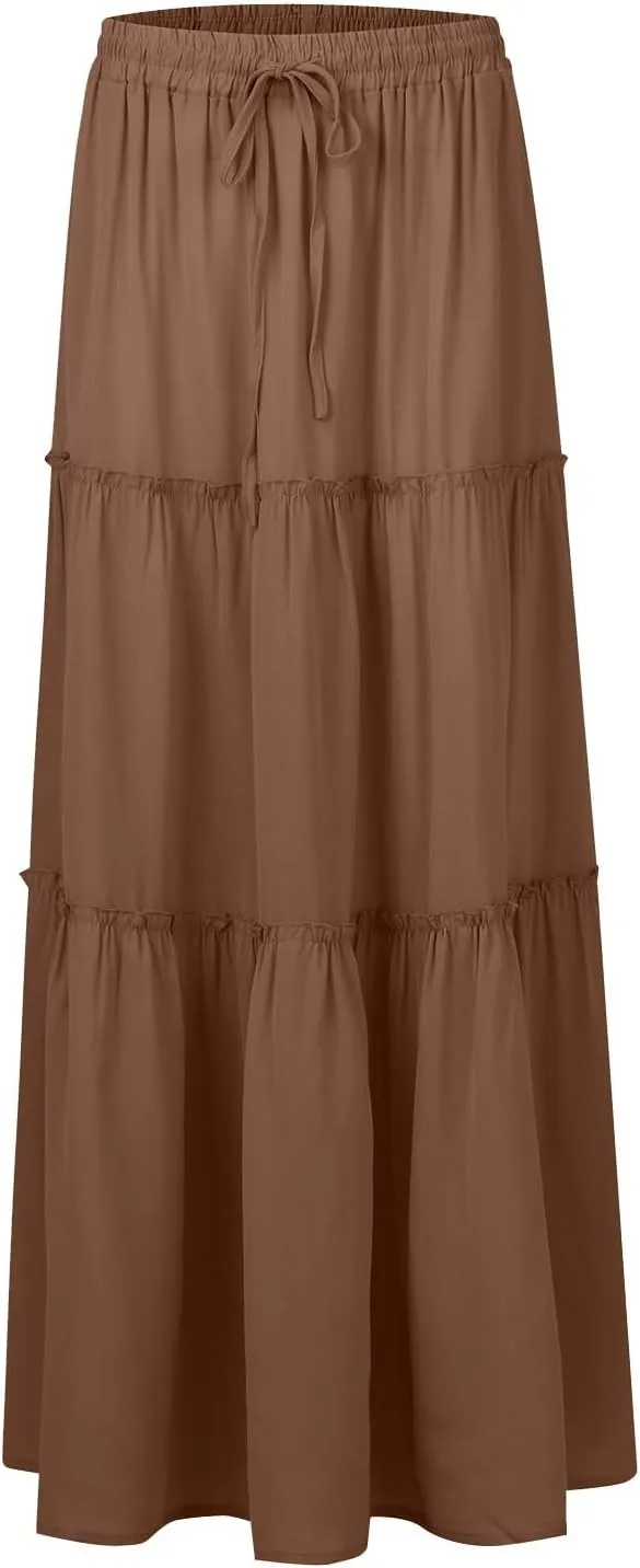 Long Skirts for Women A Line Ruffle Tiered Pleated Flowy Maxi Skirt with Pockets Casual High Waisted Modest Skirts