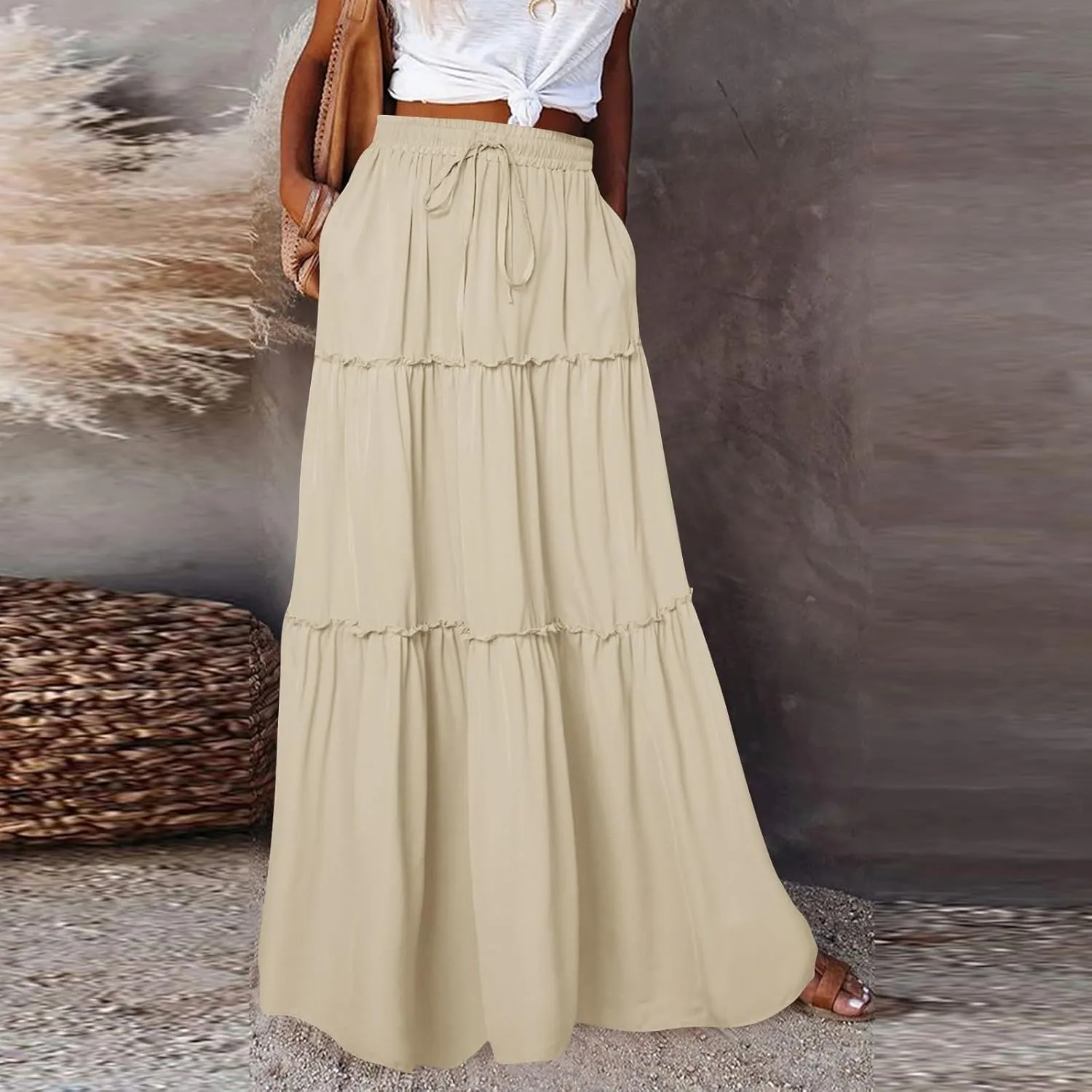 Long Skirts for Women A Line Ruffle Tiered Pleated Flowy Maxi Skirt with Pockets Casual High Waisted Modest Skirts