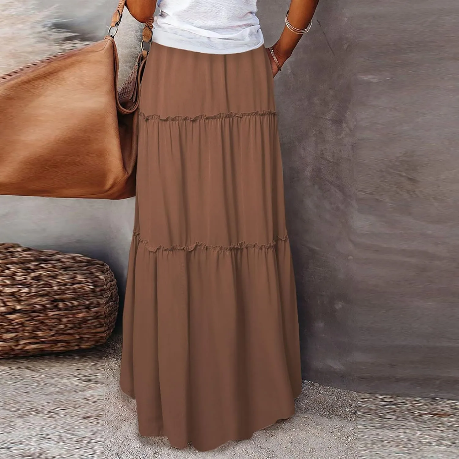 Long Skirts for Women A Line Ruffle Tiered Pleated Flowy Maxi Skirt with Pockets Casual High Waisted Modest Skirts
