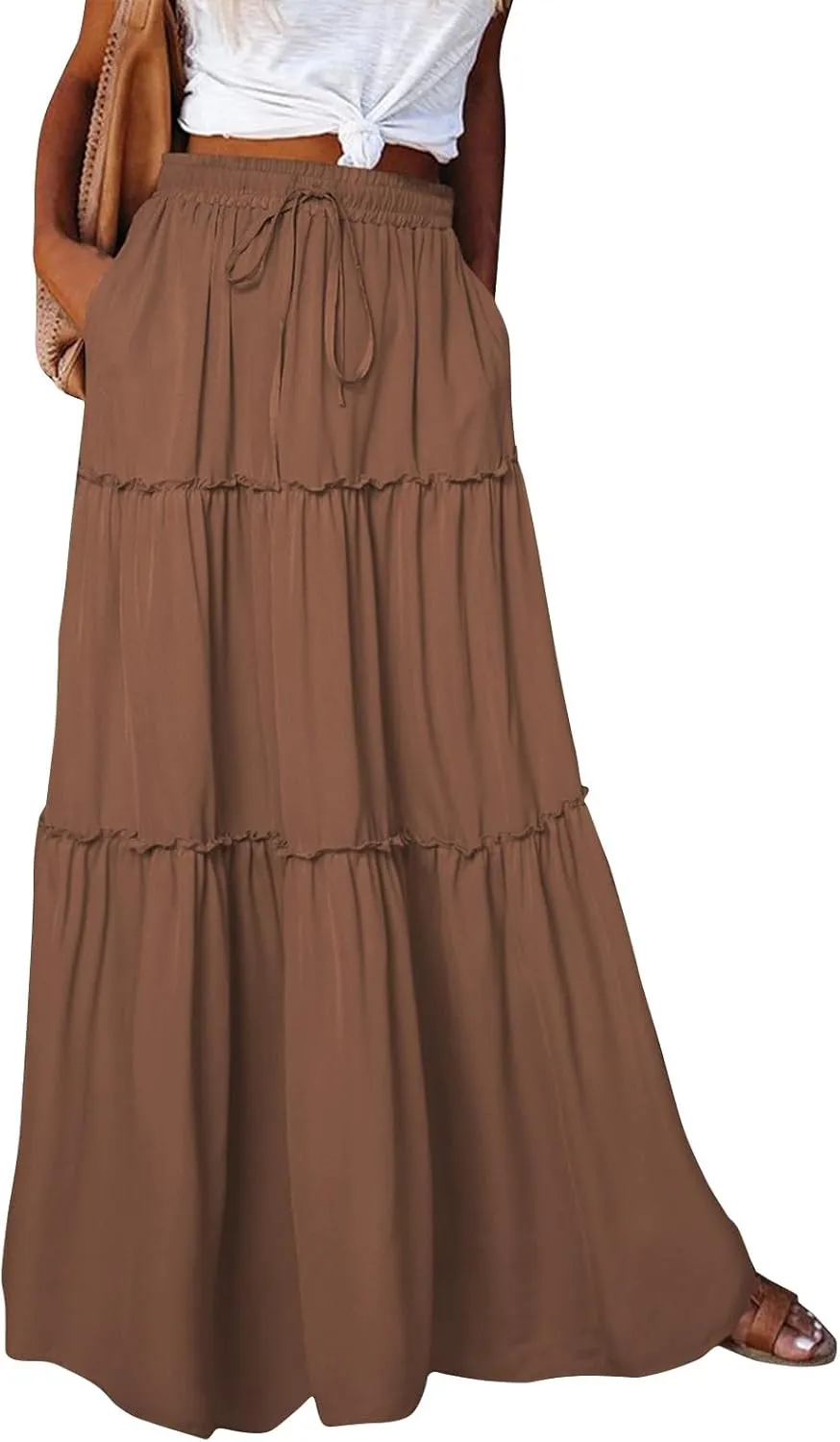 Long Skirts for Women A Line Ruffle Tiered Pleated Flowy Maxi Skirt with Pockets Casual High Waisted Modest Skirts