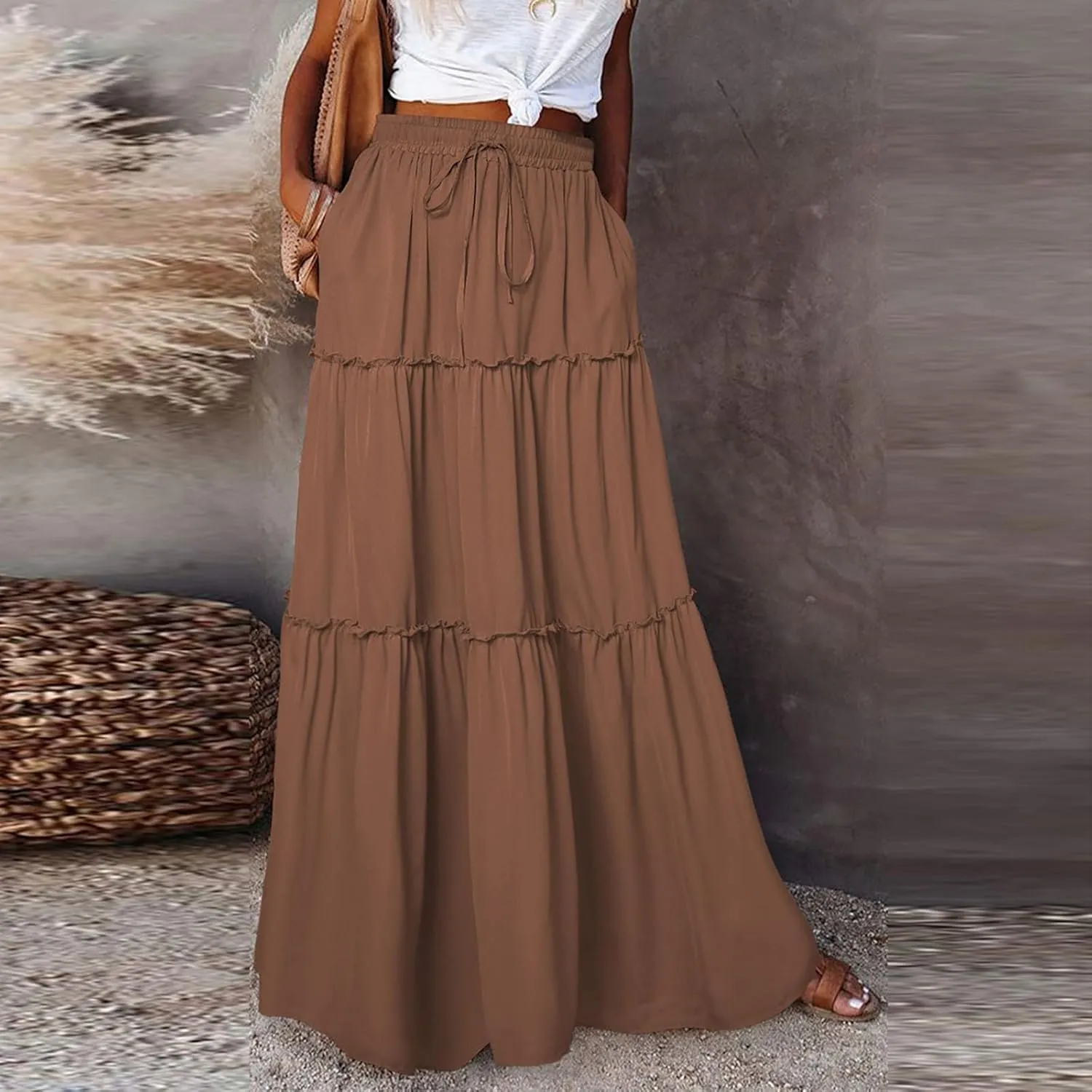 Long Skirts for Women A Line Ruffle Tiered Pleated Flowy Maxi Skirt with Pockets Casual High Waisted Modest Skirts