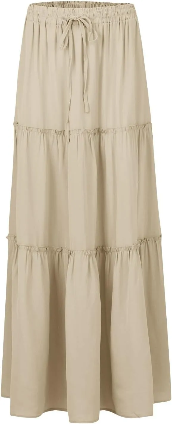 Long Skirts for Women A Line Ruffle Tiered Pleated Flowy Maxi Skirt with Pockets Casual High Waisted Modest Skirts