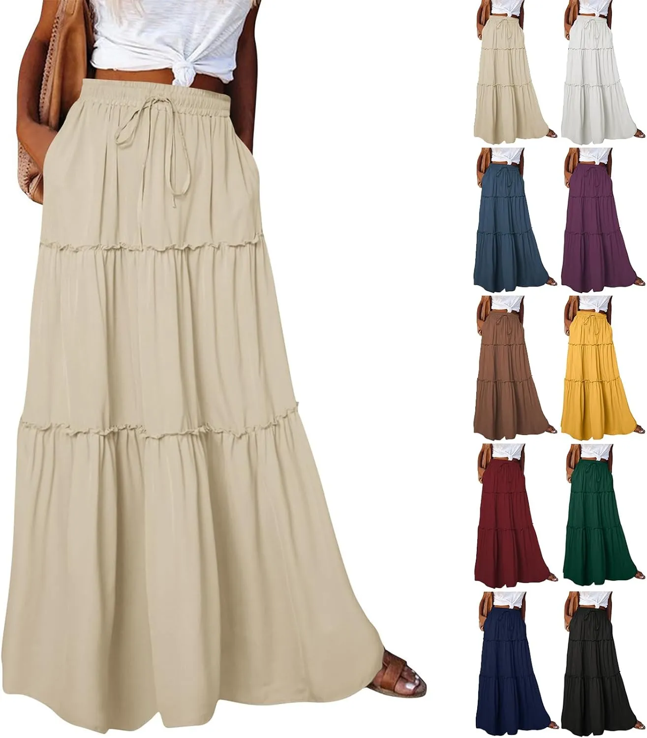 Long Skirts for Women A Line Ruffle Tiered Pleated Flowy Maxi Skirt with Pockets Casual High Waisted Modest Skirts