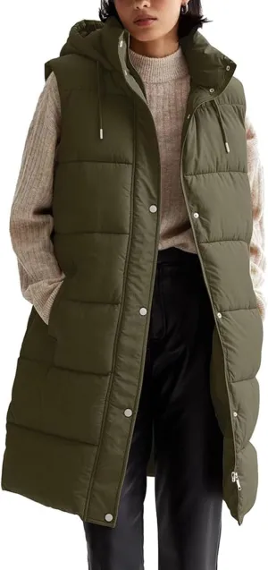 Long Vest for Women Sleeveless Puffer Winter Coats Hooded Oversized Cotton Padded Down Coat Puffy Jackets with Pockets