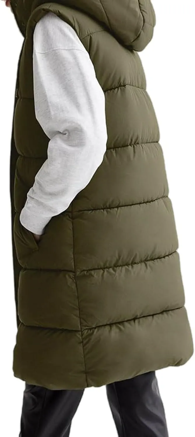Long Vest for Women Sleeveless Puffer Winter Coats Hooded Oversized Cotton Padded Down Coat Puffy Jackets with Pockets