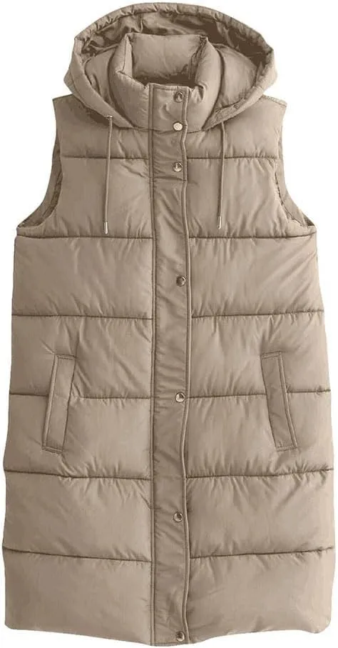 Long Vest for Women Sleeveless Puffer Winter Coats Hooded Oversized Cotton Padded Down Coat Puffy Jackets with Pockets