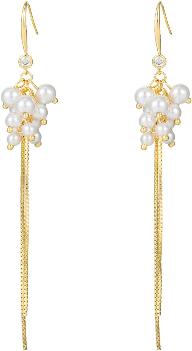Long White Pearl Drop Geometric Earrings for Women,14k Gold Plated Brass Trendy Dangling Fringe Chain Cubic Zirconia Pearls Earrings for Bridesmaid Wedding