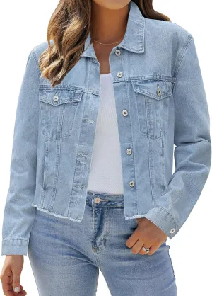 LookbookStore Jean Jackets for Women Trendy Button Down Denim Trucker Jackets Long Sleeves Frayed Hem Shacket Jacket