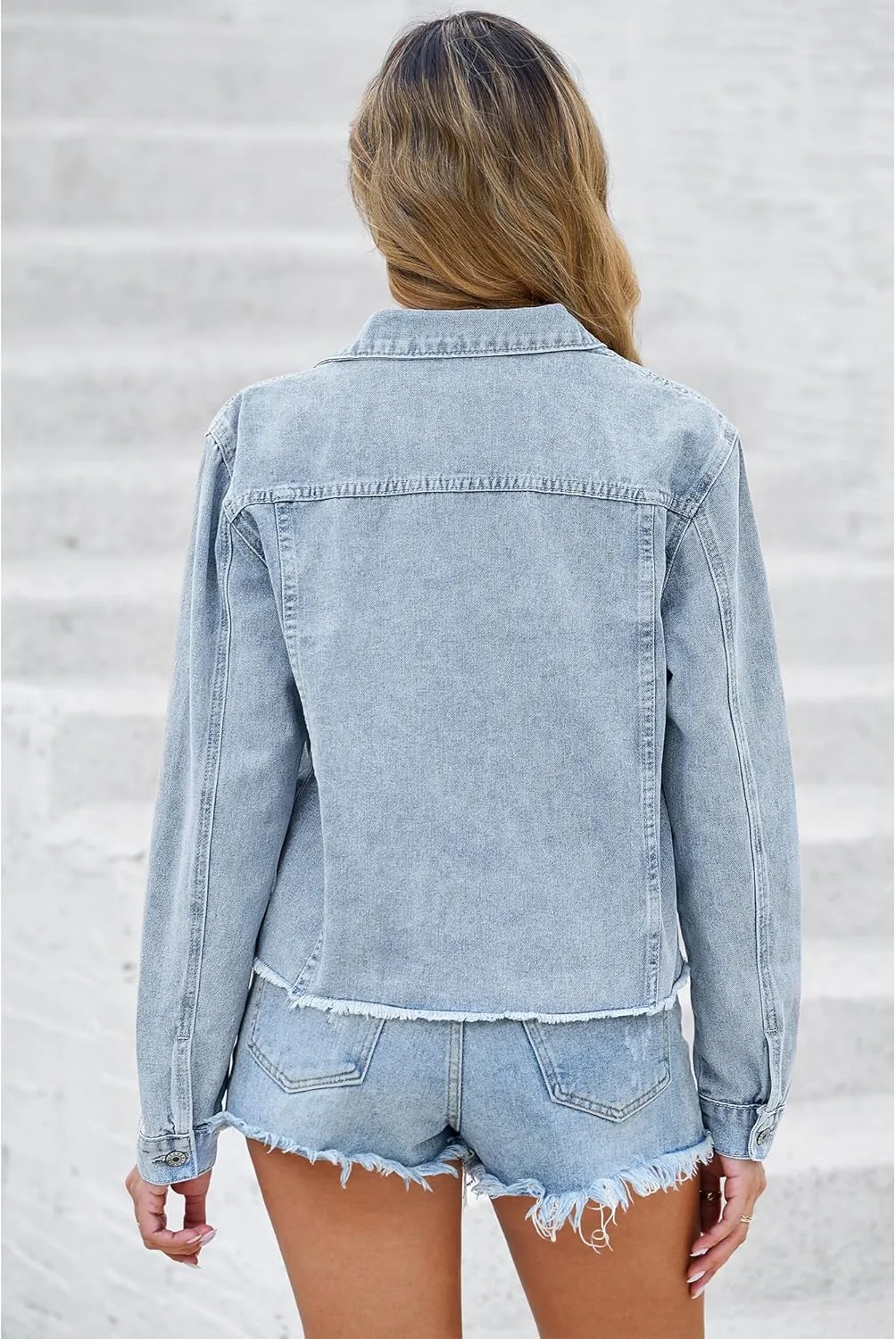 LookbookStore Jean Jackets for Women Trendy Button Down Denim Trucker Jackets Long Sleeves Frayed Hem Shacket Jacket