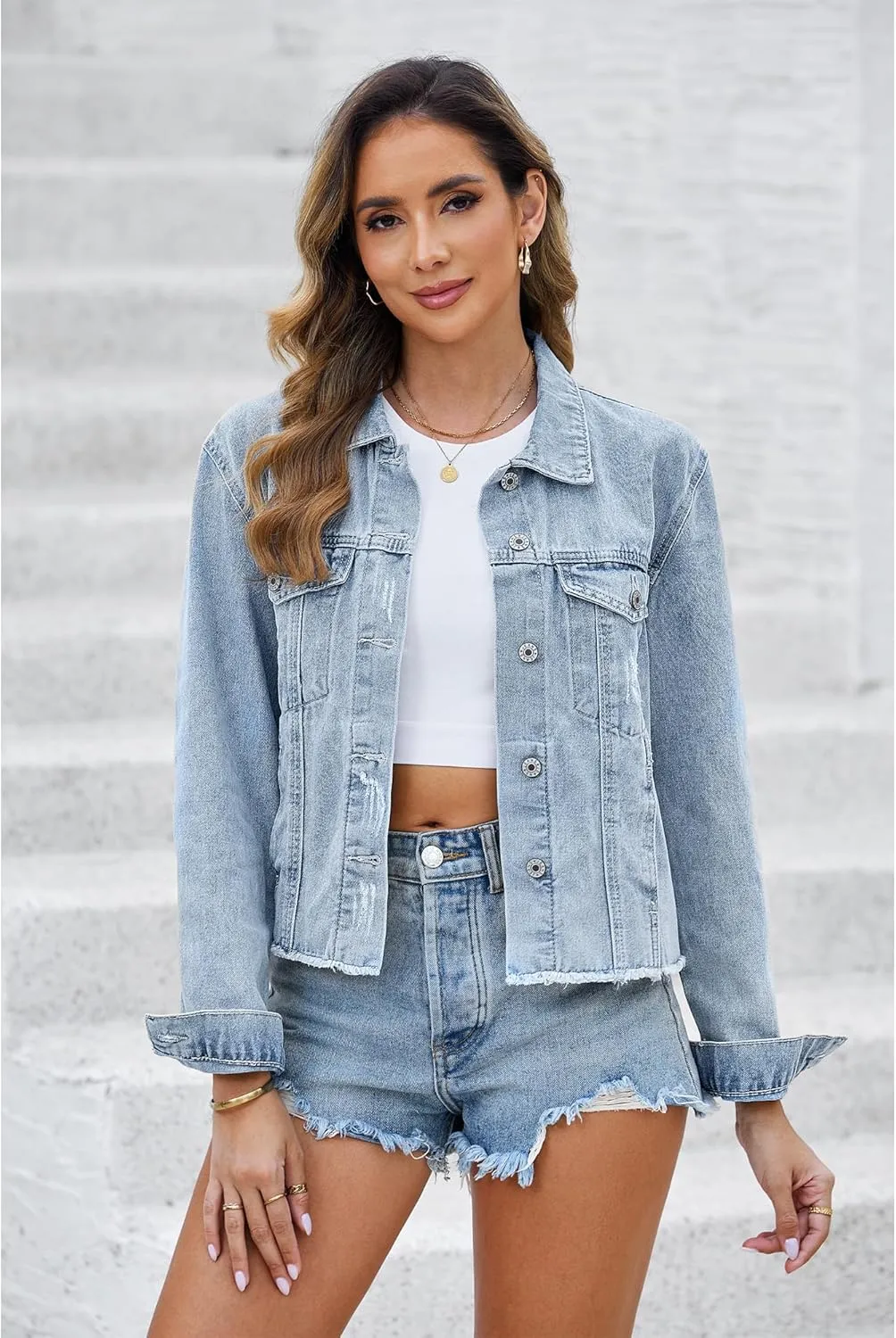 LookbookStore Jean Jackets for Women Trendy Button Down Denim Trucker Jackets Long Sleeves Frayed Hem Shacket Jacket