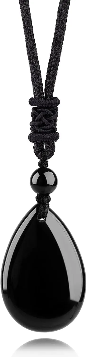 Lucky Teardrop Necklace Healing Crystal Stone Pendant with Adjustable Rope Chakra Gemstone Jewelry for Women Men