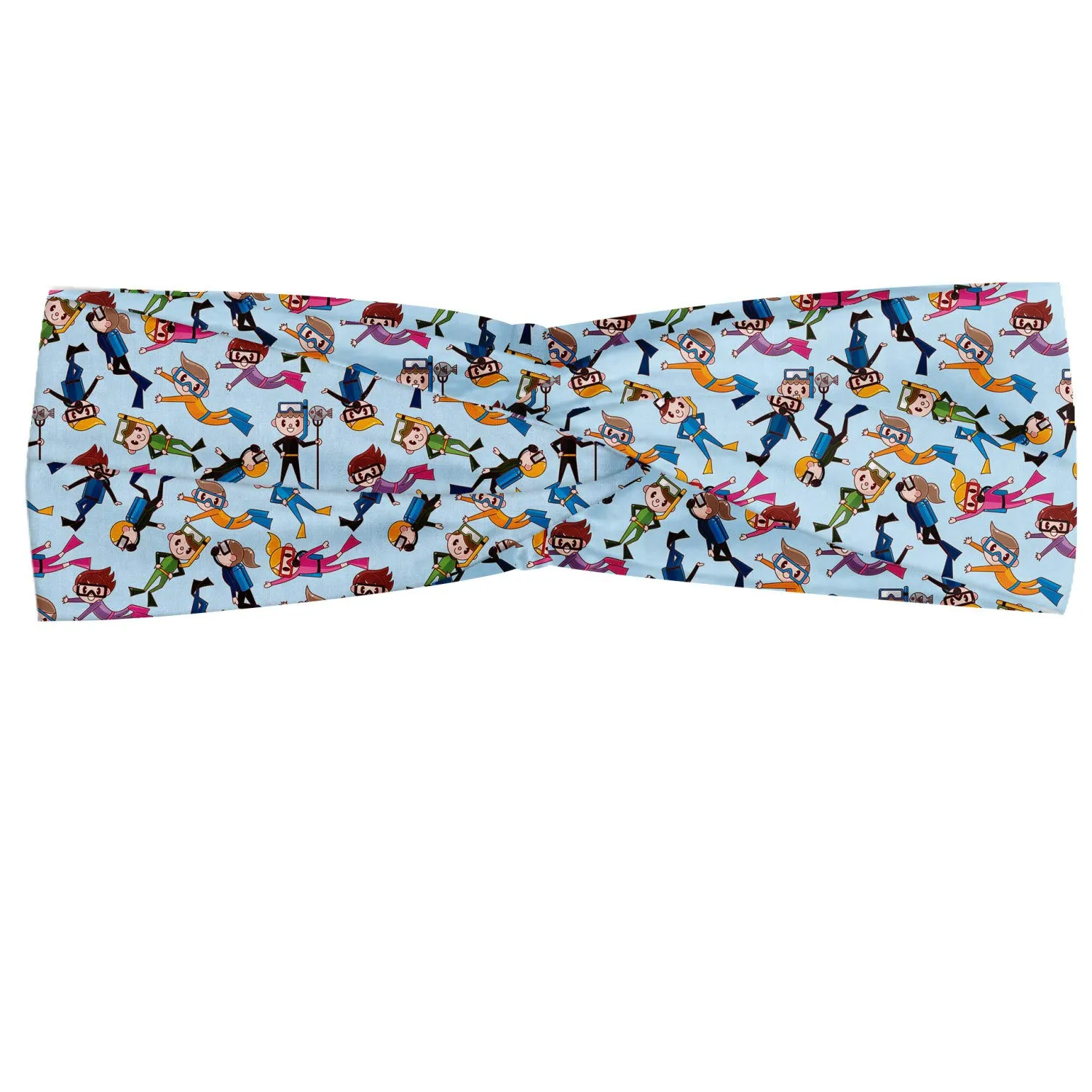 Lunarable Scuba Headband for Women, Cartoon Diver Swimming and Catching Fish Aquatic Hobby Arrangement, Elastic Comfy Hair Accessory Knotted Head Wrap Everyday Use, XS-S, Multicolor