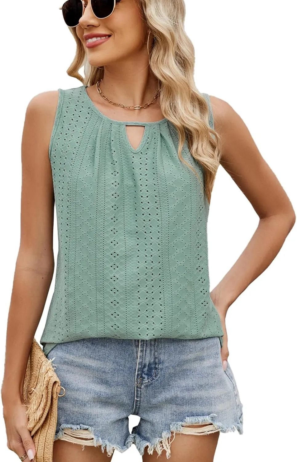 luwita Summer Tank Tops for Women 2025 Loose Fit Casual Sleeveless Keyhole Neck Tanks Trendy Eyelet Flowy Clothes