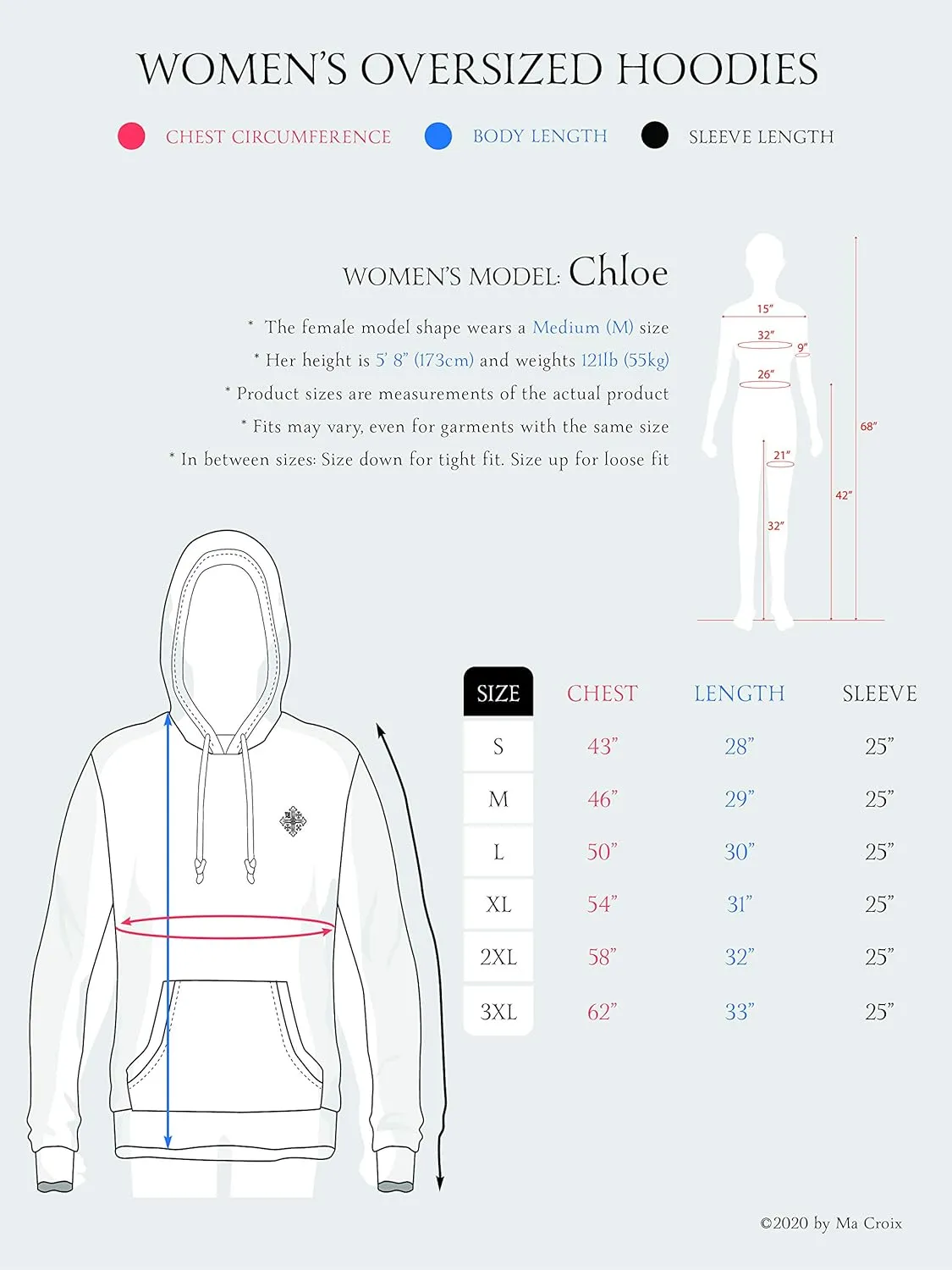 M MA CROIX Womens Oversize Pullover Hoodie Drop Shoulder Casual Fitting