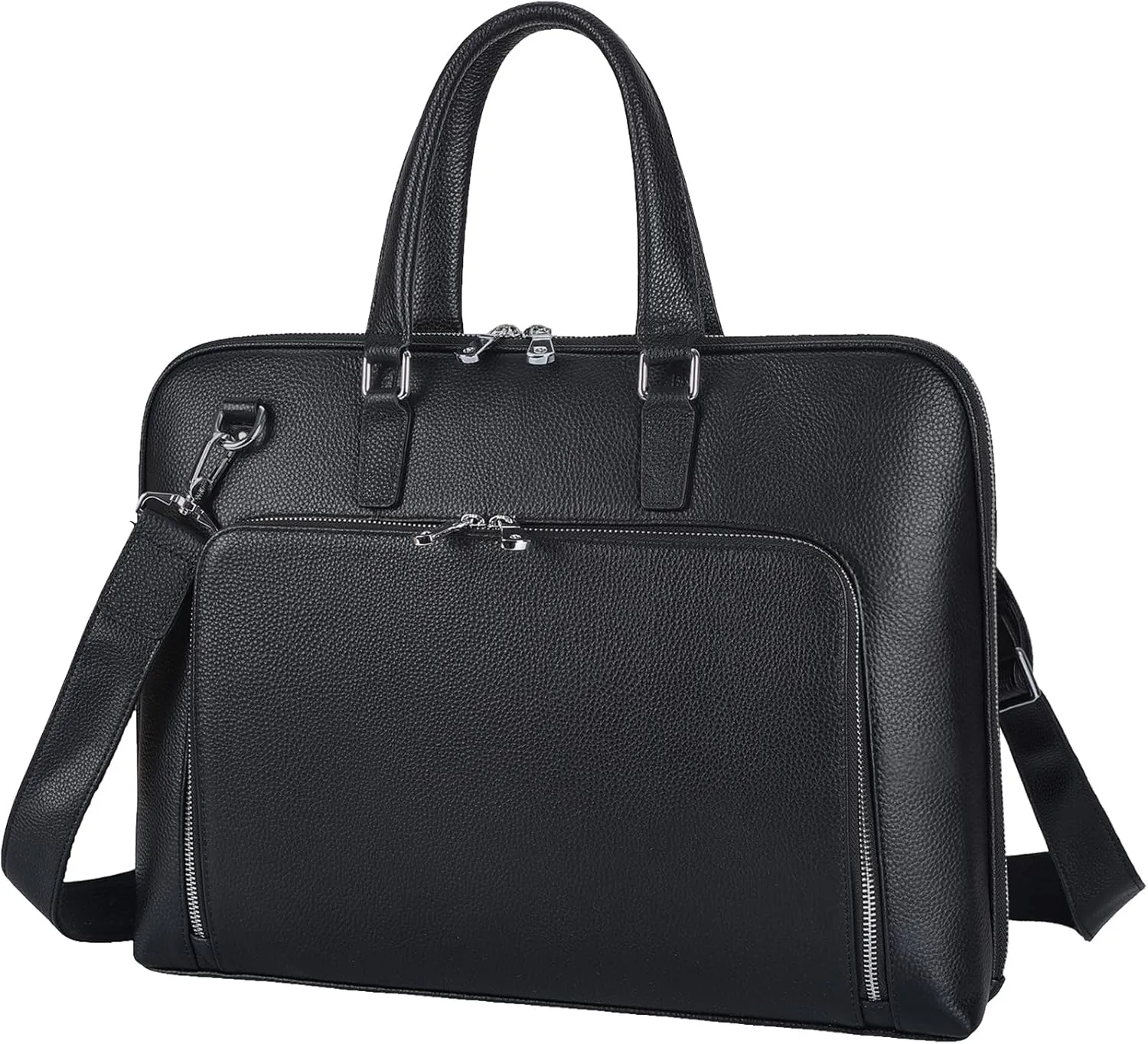 Masa Kawa Black Leather Slim Briefcase for Men Women Fits 15.6-16 Inch Laptop Professional Business Messenger Crossbody Shouder Bag Lawyer Ladies Office Work Brief Attche Case